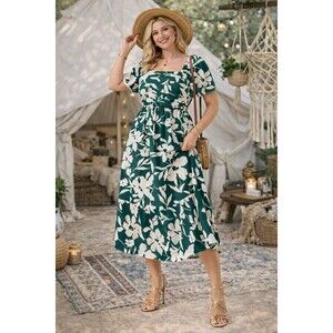 New Maxi Dress Ruffle Short Sleeve Flowy Long 3XL Green